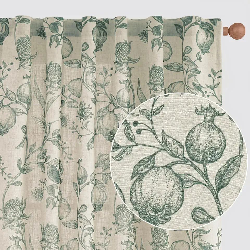 jinchan Floral Linen Curtains 96 Inch Farmhouse Back Tab 2 Panels Green