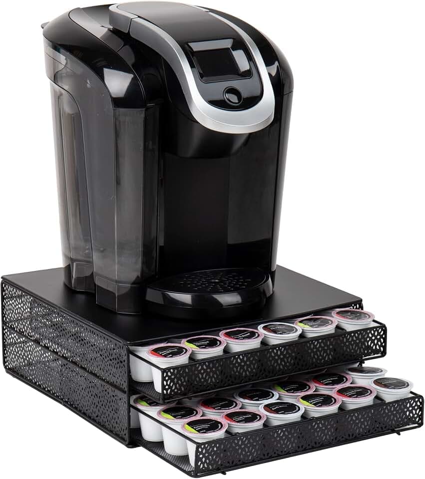 Mind Reader 2 Drawer Coffee Pod Organizer with Removable Dividers, 72 Pod Capacity, Metal Mesh Coffee Station Base with Guided Drawer Track, Black