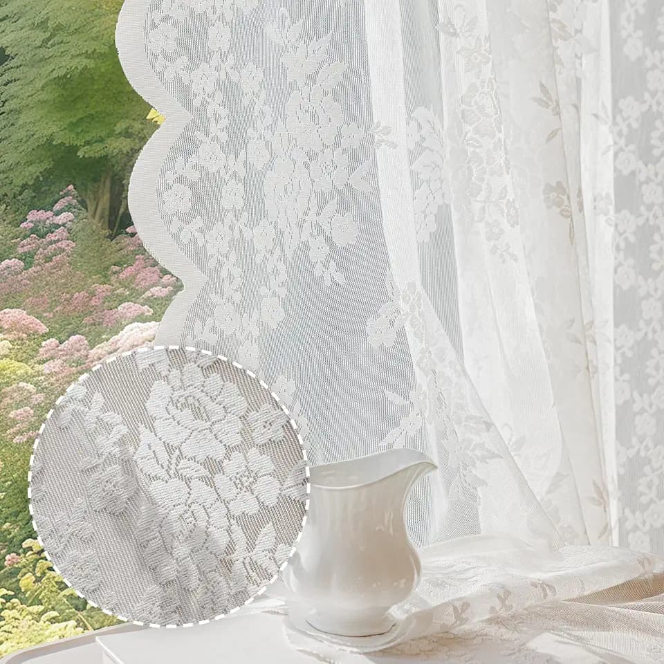 Anmao Vintage Lace Curtains 90 Inches Long 2 Panels, Romantic Elegant Light Filtering Semi Sheer Floral Thick Lacy Curtain Drapes for Living Room and Bedroom, Each Panel 55W x 90L, White Rose