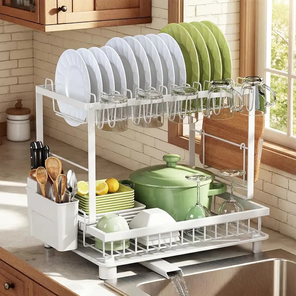 2-Tier Dish Drying Rack for Kitchen Counter, Space-Saving, White