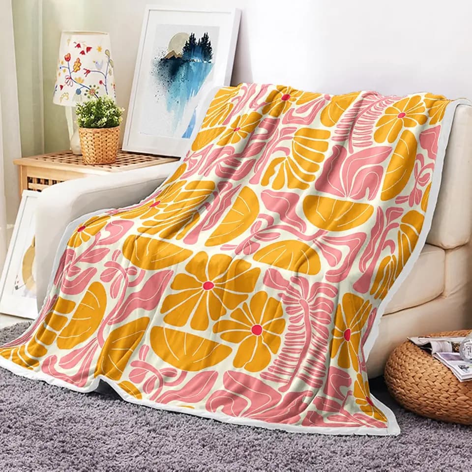 Boho Abstract Colorful Floral Throw Blanket, Vintage Retro Patchwork Orange Pink Flower Botanical Geometric Aesthetic Groovy Flannel Throw Blanket for Chair Bed Sofa Couch, 60X80IN