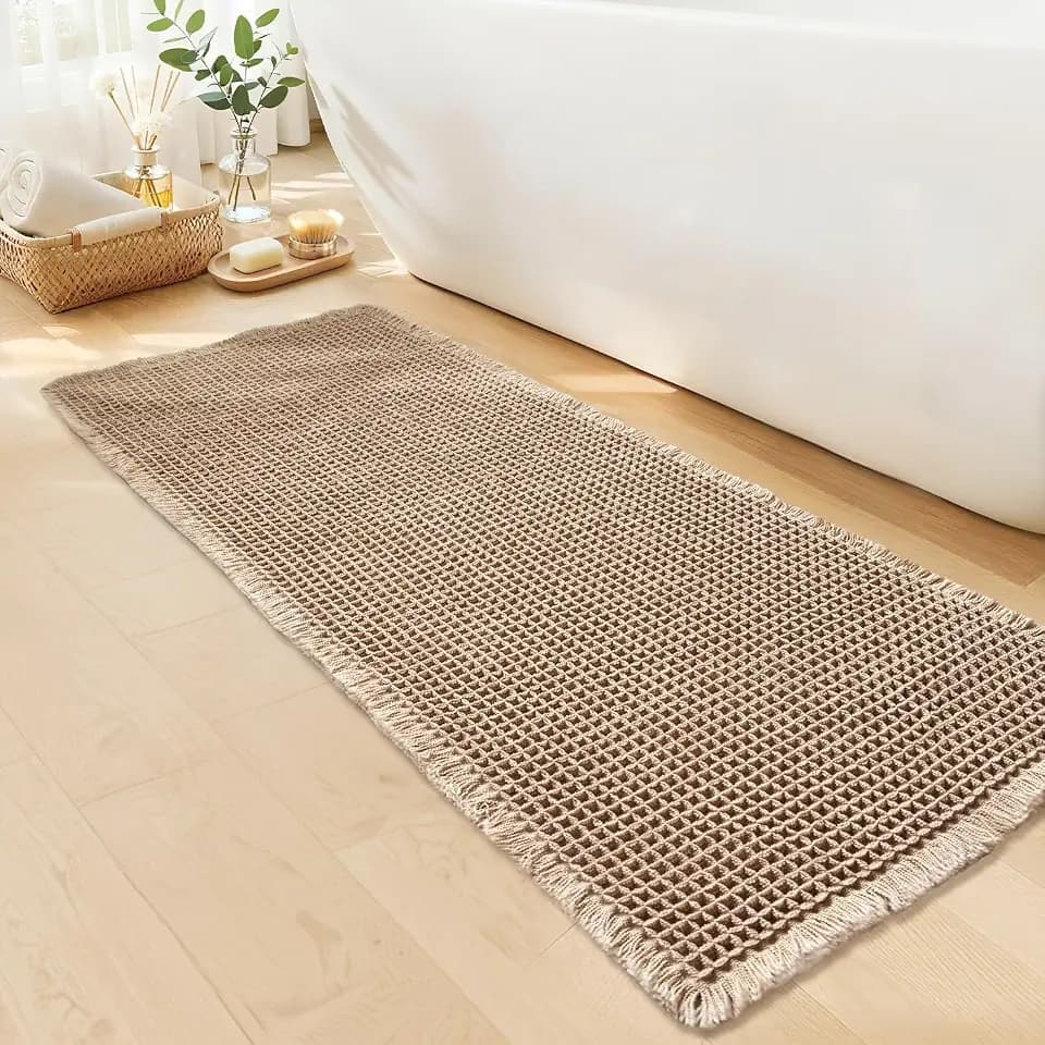 Waffle Bath Mat, Boho Bathroom Rug Non Slip Washable, 24 x 48, Khaki