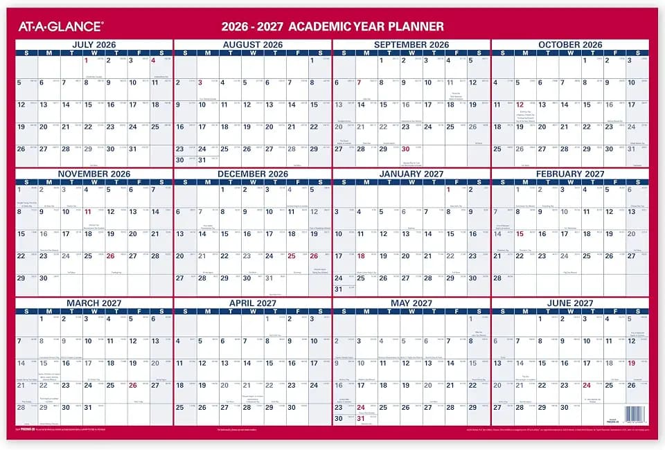AT-A-GLANCE Dry Erase Calendar 2026-2027 Academic & Regular Year Wall Planner, 12-Month, 36" x 24", Double Sided, Horizontal (PM200P28)