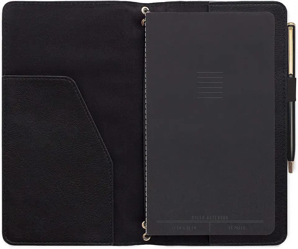 DesignWorks Ink 4.75” x 8.25" Black Vegan Leather Professional Folio Organizer with Lined Page Notebook Writing Pad, Gold Pen, Pen Holder, and Elastic Closure - Cute Desk Accessories & Office Supplies