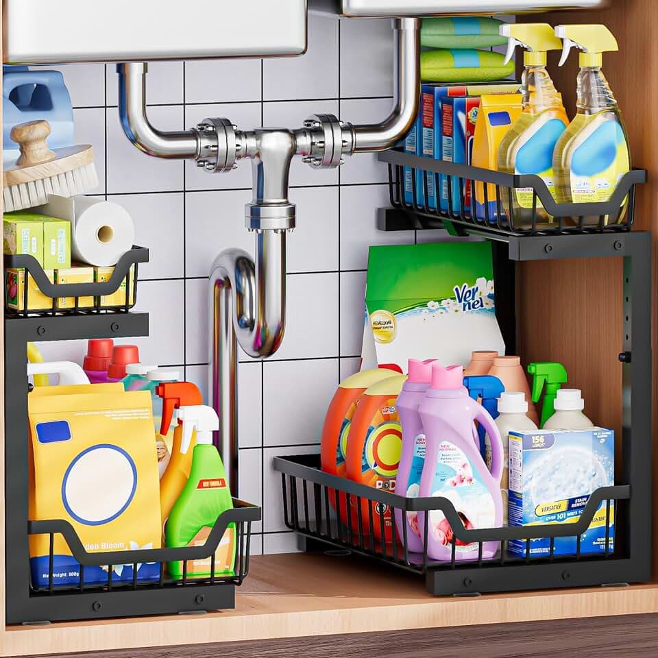 Under Sink Organizer 2 Pack, Adjustable High Load-bearing Reinforced Carbon Steel Smooth Pull-out Kitchen Bathroom Storage Organizer, 2 Tier L-shaped Pantry Closet Cabinet Rack Drawer Organizer, Black