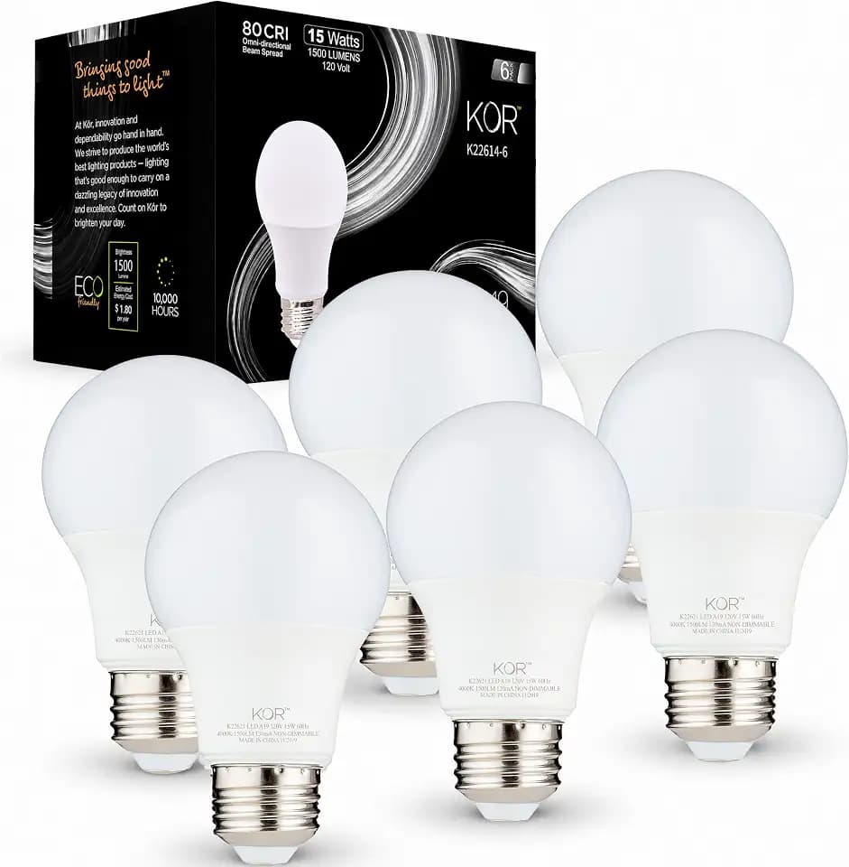 KOR A19 LED Light Bulbs, 100W Equivalent, 4000K Cool White, 6-Pack E26 Base