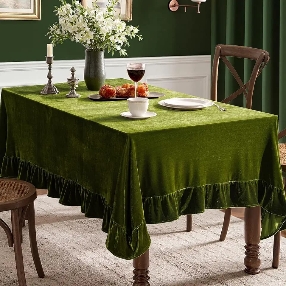 MIULEE Rectangle Velvet Ruffle Tablecloth 60x120 Inch Christmas Olive Green