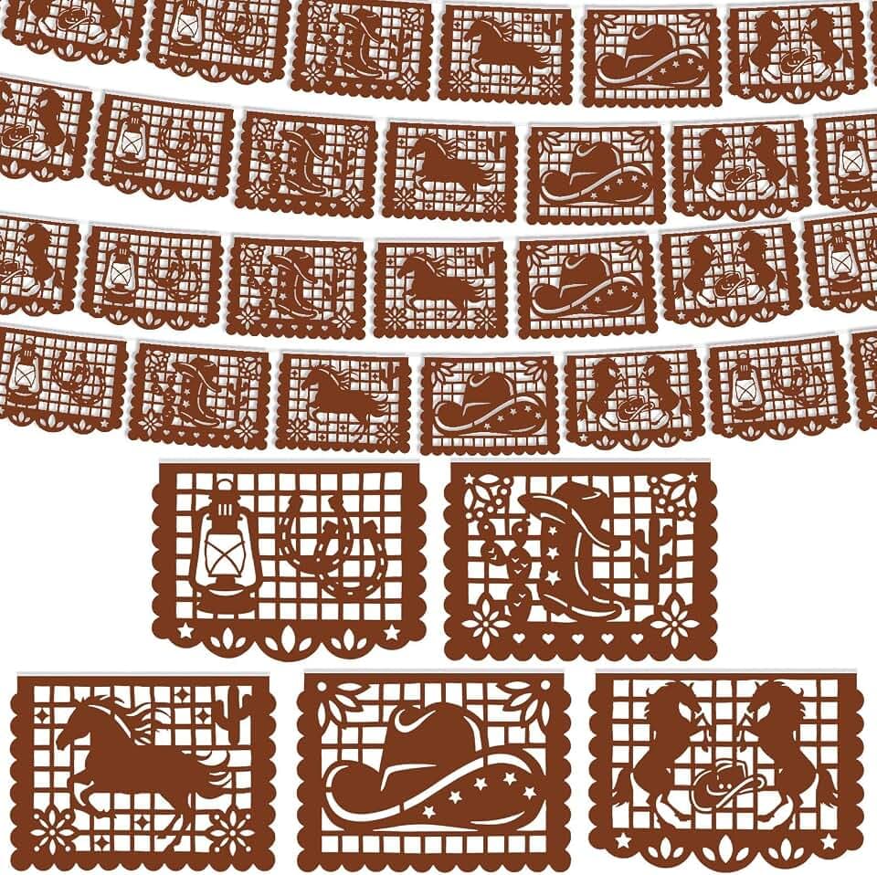 VitalCozy 6 Pack Western Papel Picado Banners Plastic Cowboy,Brown