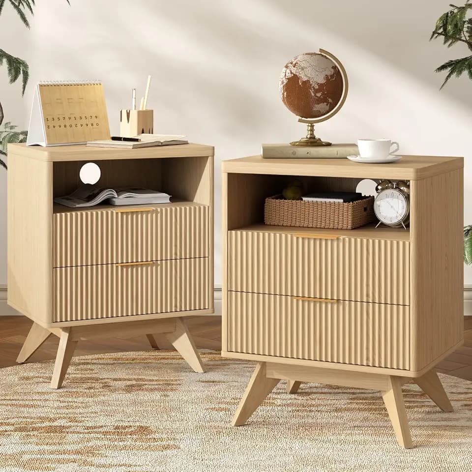 Fluted Nightstand Set of 2 with 2 Drawers