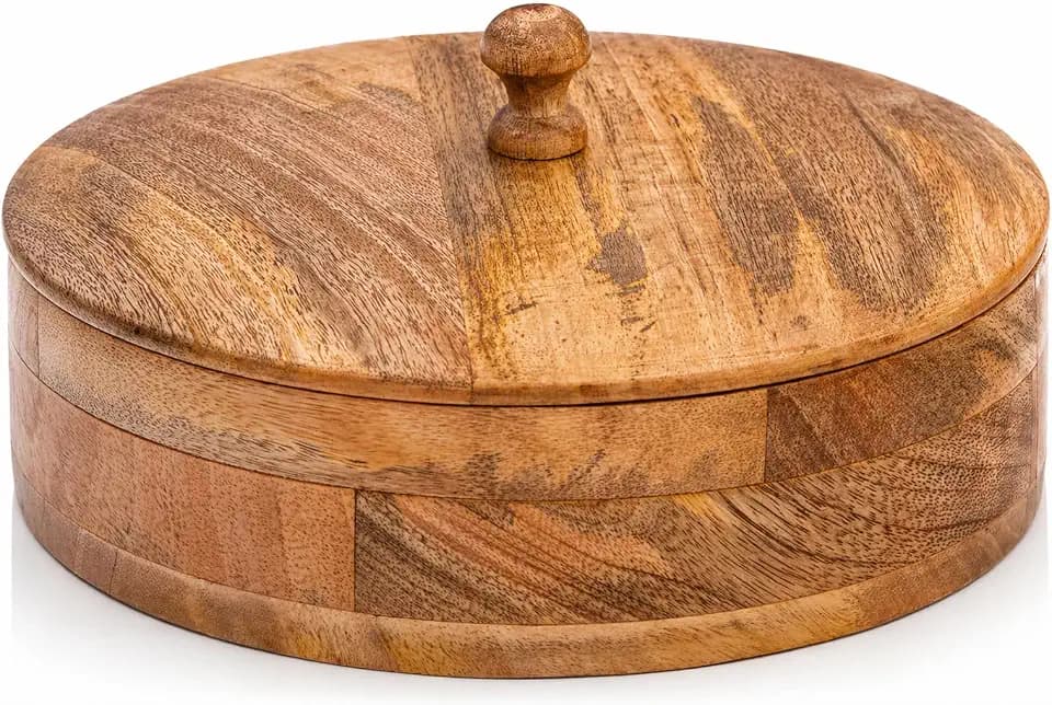Handmade Wooden Tortilla & Roti Warmer with Lid, Food Safe, 9 Inch, Brown