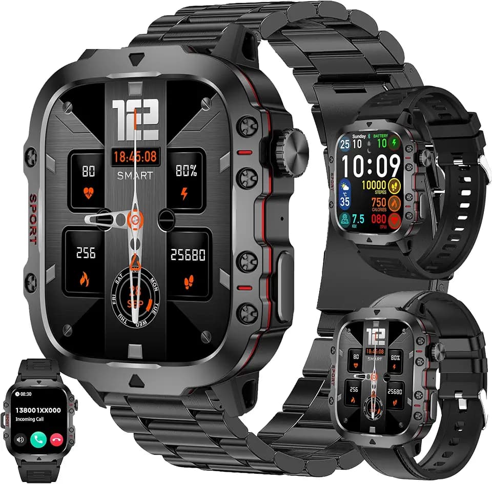 Smartwatch Herren mit Telefonfunktion, 1.96 AMOLED 5ATM Wasserdichte Fitnessuhr mit Schrittzähler Herzfrequenz SpO2, Schlafmonitor, 123 Sportmodi Sportuhr Aktivitätstracker für Android iOS (Schwarz)