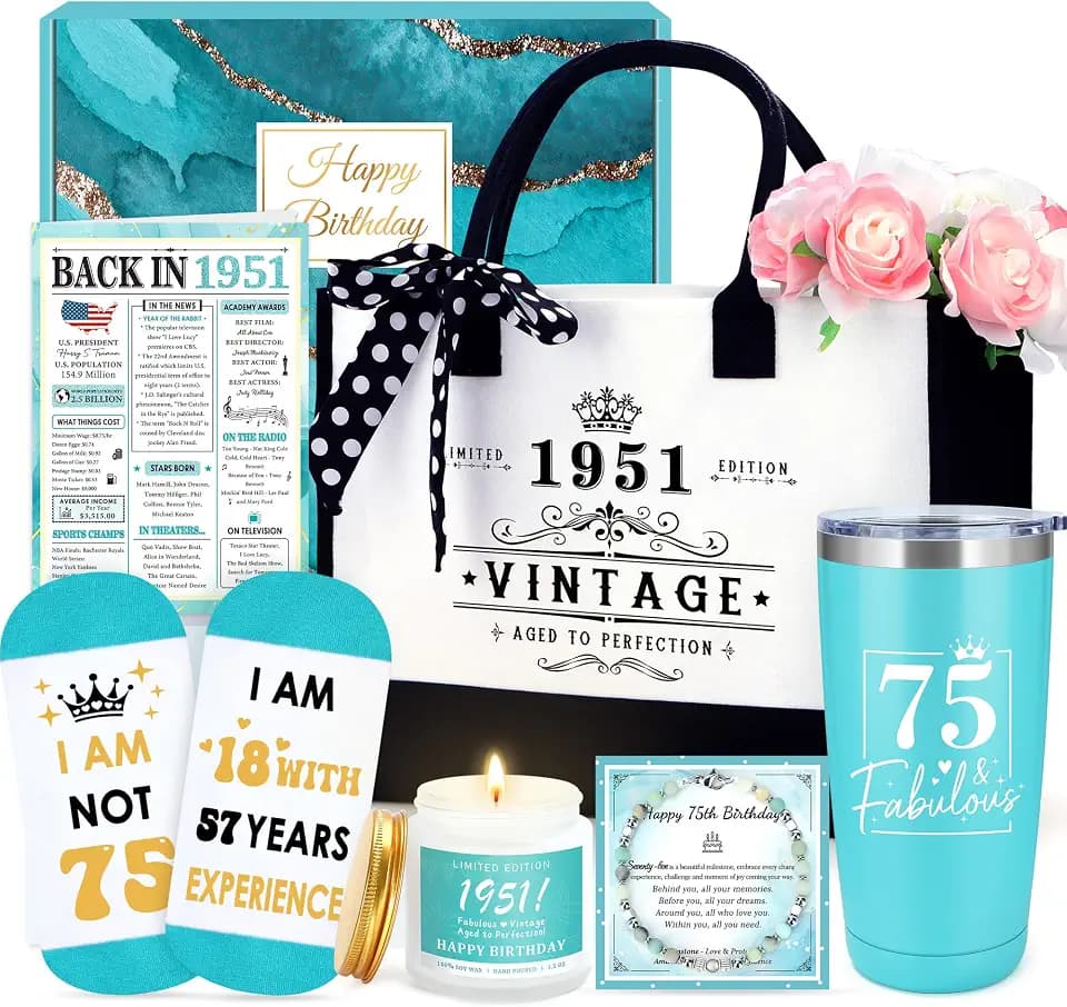 75th Birthday Gifts for Women Unique Gift for 75 Year Old Woman Cool 75 Year Old Birthday Gifts for Women 1951 Accessories for Woman Happy 75th Decorations Gift Ideas for Mom with Tumbler Tote Bag