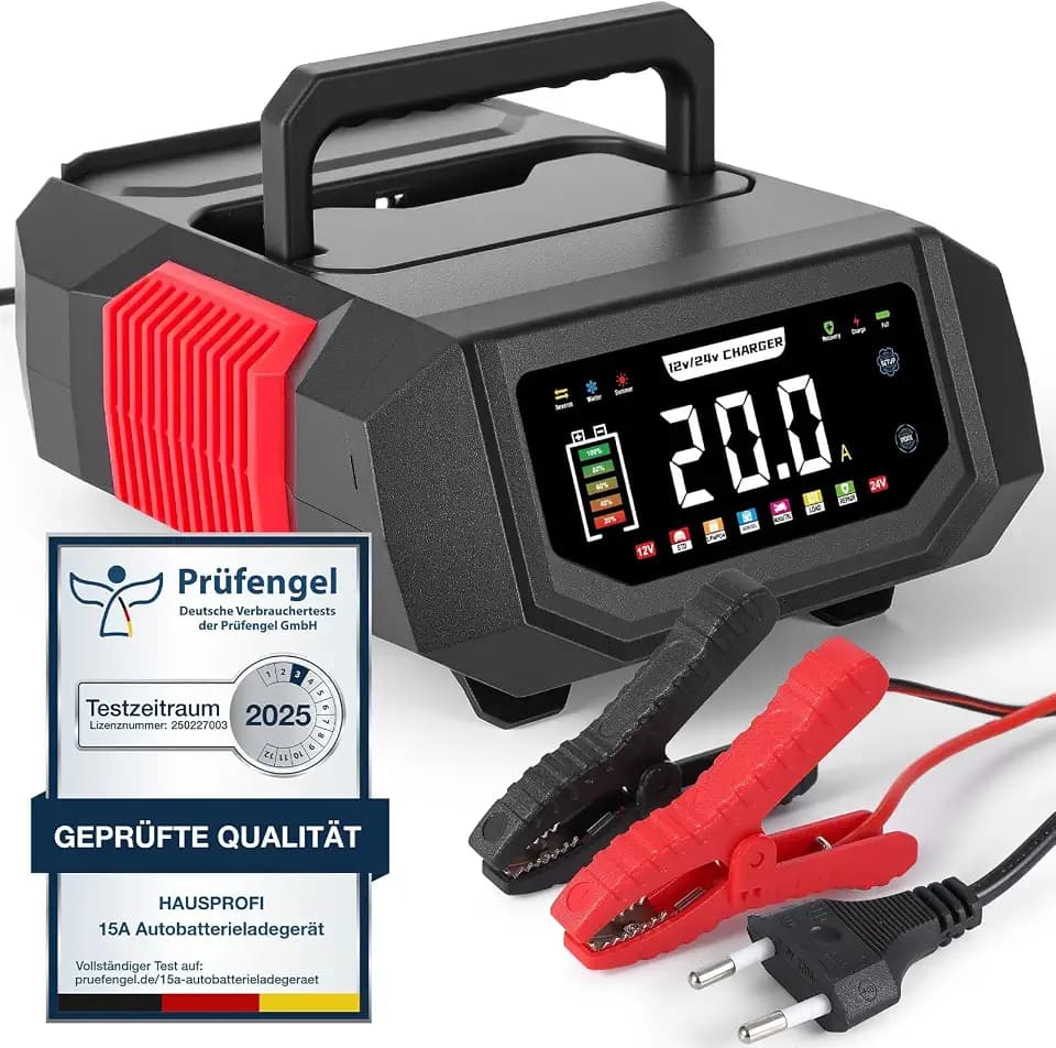 Autobatterie Ladegerät 12V/24V, HAUSPROFI 20A Intelligentes Batterieladegerät KFZ mit Einstellbarem Strom, 9-Stufige Ladung & Reparaturmodus für Auto, Motorrad, LKW, Blei-Säure, AGM, Lithium LiFePO4