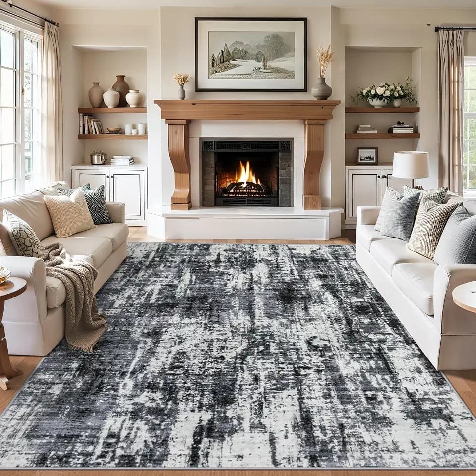 PLHXFR 9x12 Area Rug Living Room: Modern Abstract Washable Carpet Black