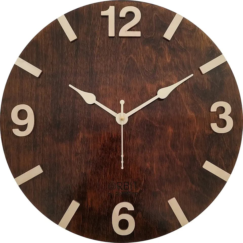 Orbit Original Design Modern Minimalist Mid Century Style Silent, 3D Walnut Wood Clock face for Home, Living Room, Kitchen, Office, Handcrafted, Non Printed, No Sticker