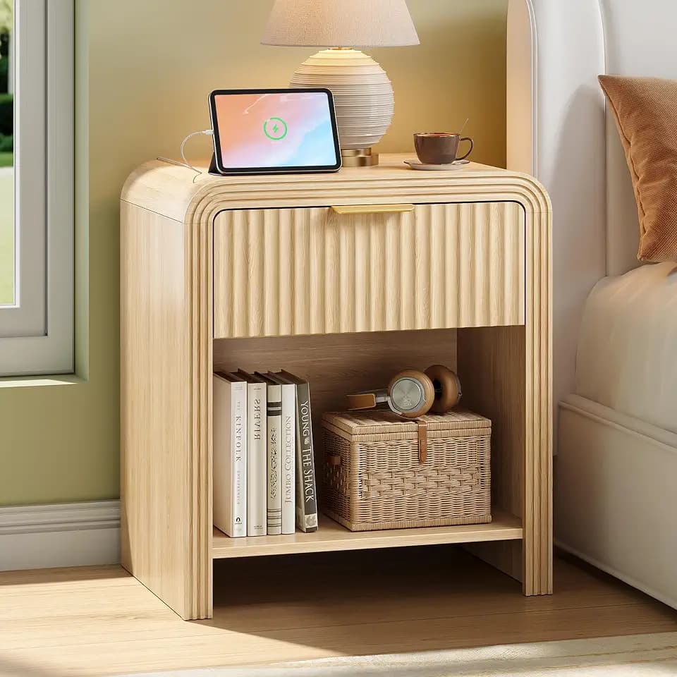 Decofy Fluted 1-Drawer Nightstand with Charging Station, Oak