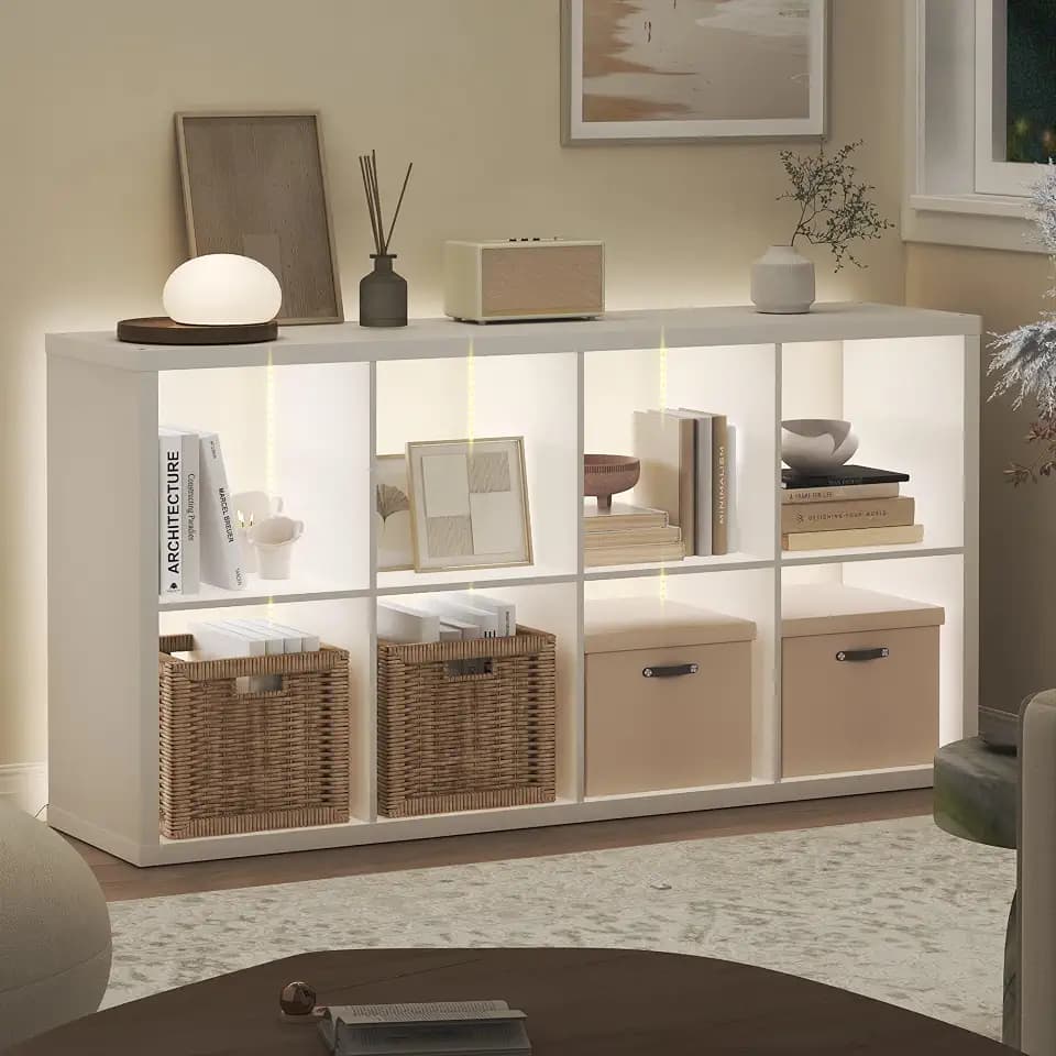 Furinno Cubicle Book Shelf with LED Lights, 8-Cube Bookshelf, Reversible Extra Thick Frame Bookcase, Display Storage Shelves, for Living Room, Bedroom, Home Office, White