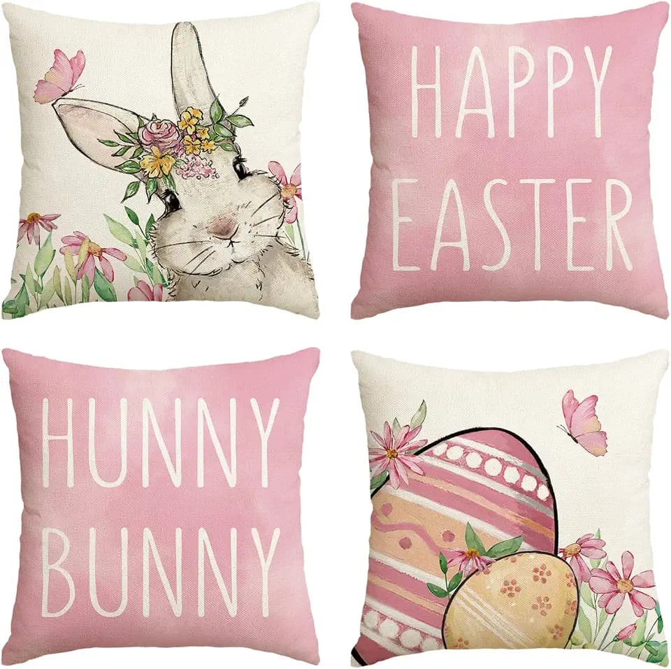 AVOIN colorlife Happy Easter Hunny Bunny Pink Throw Pillow Covers, 18 x 18 Inch Easter Eggs Bunny Spring Cushion Case for Sofa Couch Set of 4