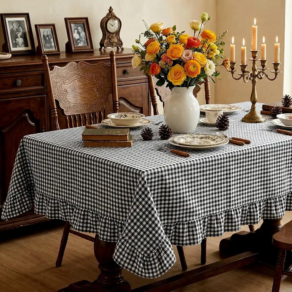 Mindsoft Black Gingham Ruffled Tablecloth, 52 x 70 Inches, Rectangle
