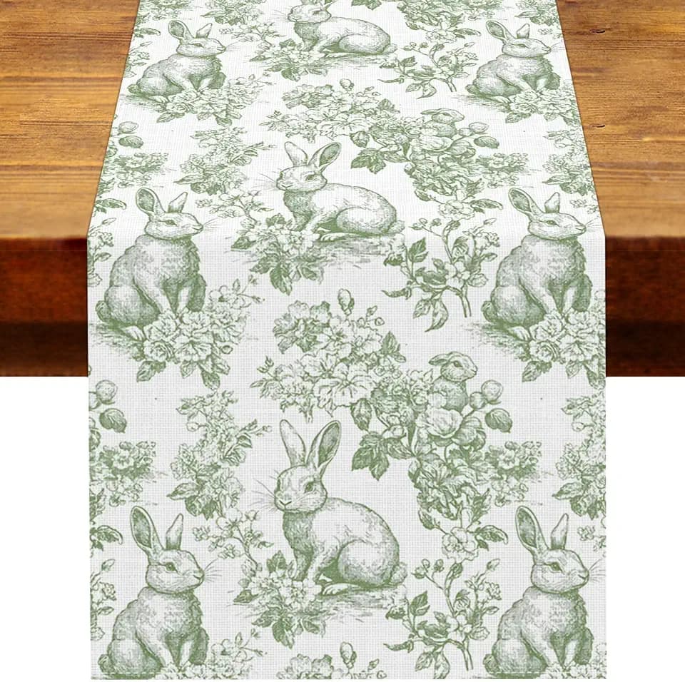 Chinoiserie Easter Table Runner Toile de Jouy Vintage Green and White Bunny Spring Party Decoration Home Kitchen Dining Room Table Decor (Green, 13" x 108")