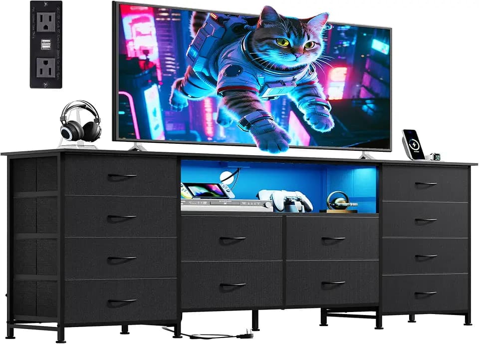 WLIVE LED Dresser TV Stand for 75 Inch TV, 12 Drawers, Black