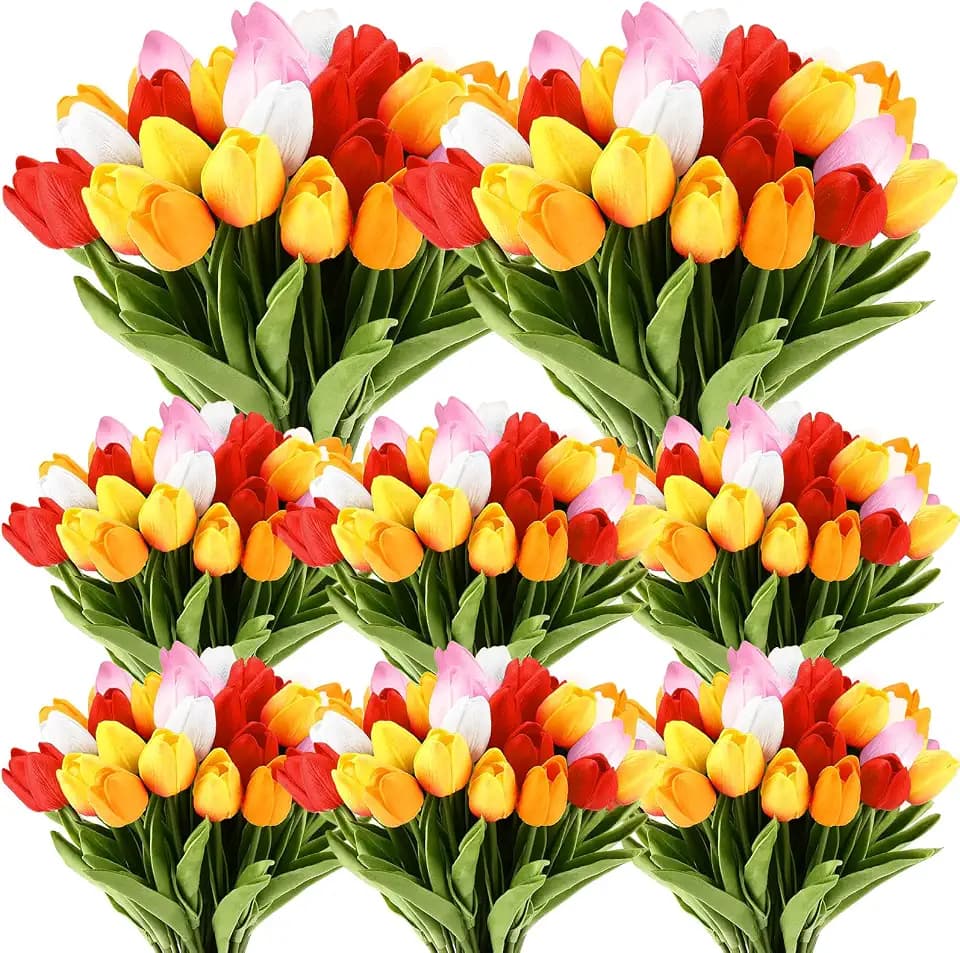 Janinka 75pcs Artificial Tulip Flowers Fake PU Tulips Faux Latex Bouquet Flower Centerpieces Arrangement Floral for Wedding Spring Decorations (1 Head,White,Red,Sunset Red,Pink,Gold)