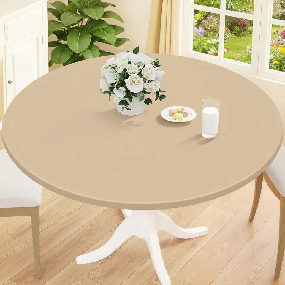 Smiry Round Picnic Tablecloth, Waterproof Elastic Fitted Table Covers for 36" - 44" Tables, Wipeable Flannel Backed Vinyl Tablecloths for Camping, Indoor, Outdoor, Khaki