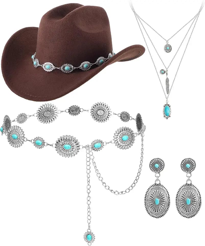 Geyoga 4 Pcs Halloween Cowgirl Set Hat Belt Accessories