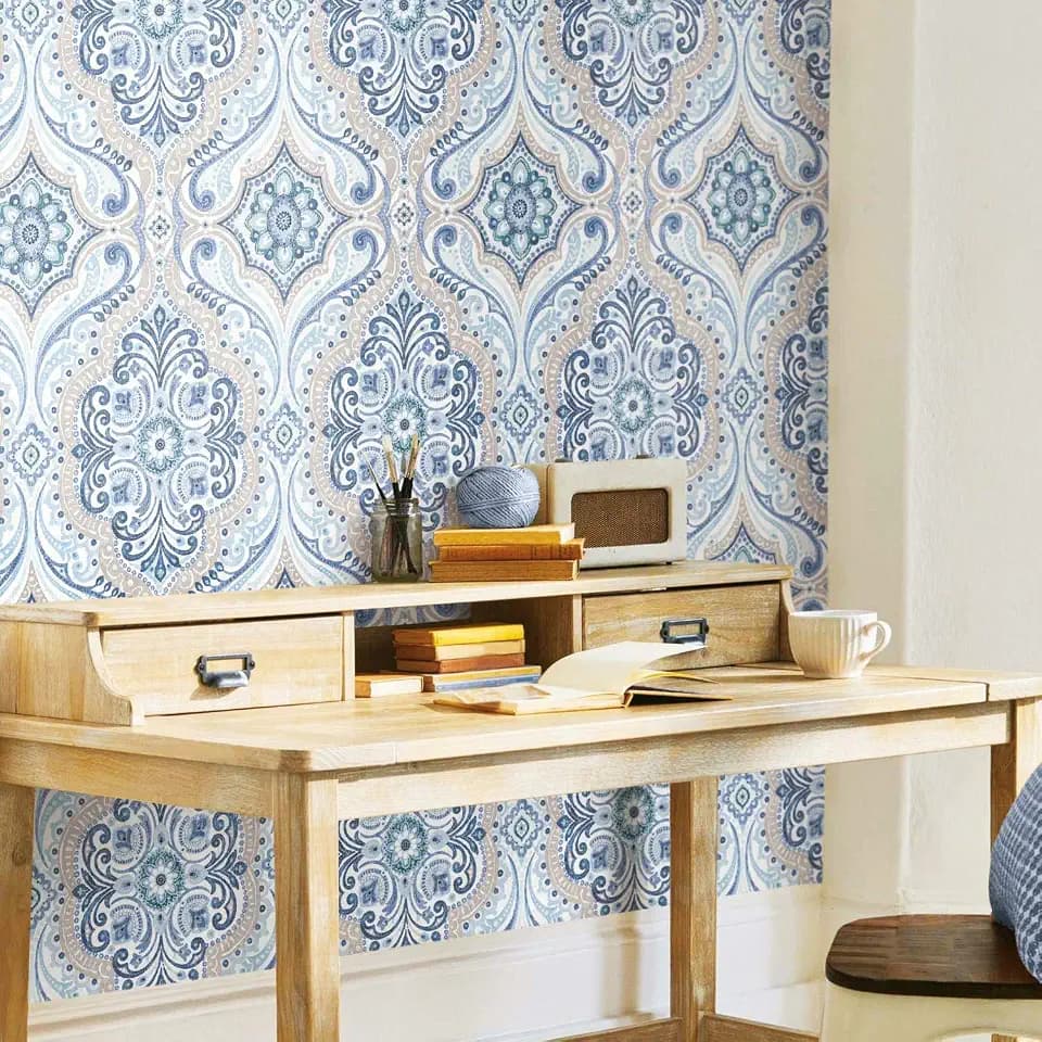 RoomMates Blue and Tan Boho Damask Peel and Stick Wallpaper