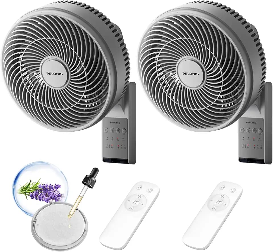 2-Pack PELONIS 14 inch Indoor Oscillating Wall Mount Fan with Remote, Grey