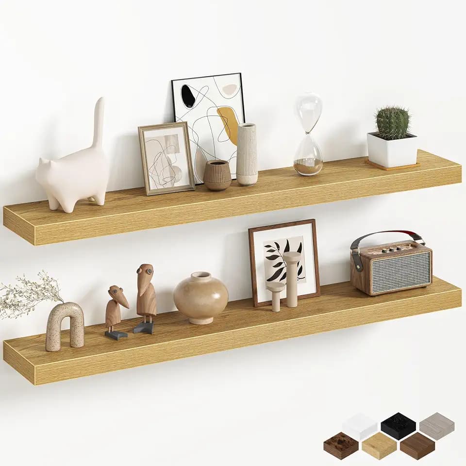 Fun Memories 40 Inch Floating Shelves Wall-Mounted, Rustic Wood Shelf with Invisible Brackets, 40" Floating Shelves for Wall, Storage Shelf for Bathroom, Kitchen, Bedroom, Oak, Set of 2