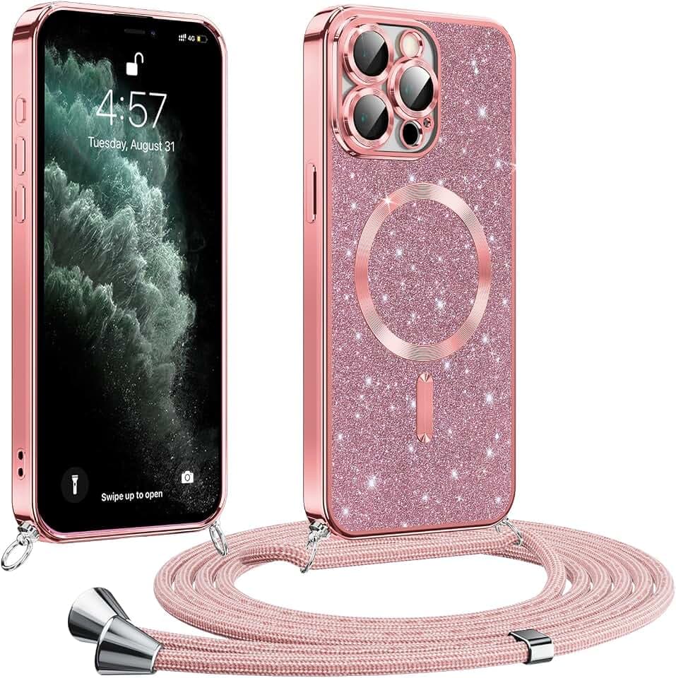 Phoona handyband Hülle für iPhone 11 Pro Max mit Band, Glitzer Handyhülle Kompatibel mit MagSafe, Ganzkörperschutz Kratzfeste Stossfest Schutzhülle mit Einstellbar Kette, Rosa