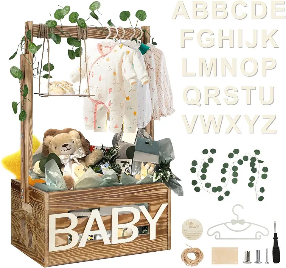 Wooden Baby Shower Crate Closet, Baby Shower Basket with 33.5" High Hanger Rack and Swing, DIY Baby Welcome Box with Handle, Easy Assembly Storage Crate for Pregnancy New Parent(Footprint Style)