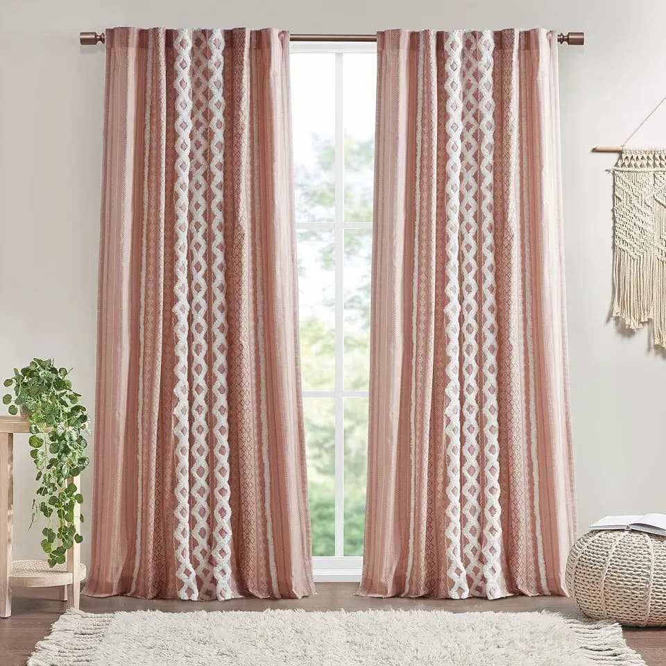 INK+IVY 100% Cotton Boho Window Curtain, Single Panel, 50x84 Blush