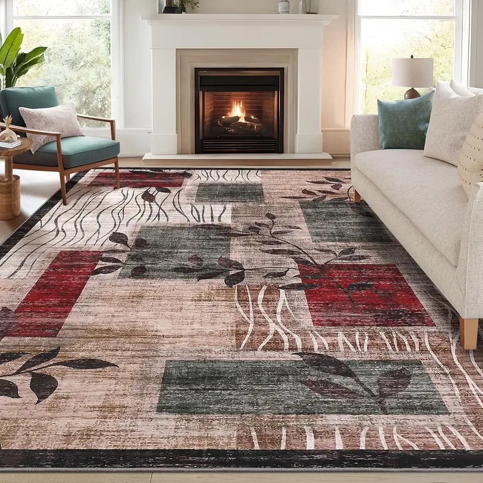GarveeHome Washable 9x12 Area Rug Geometric Plaid Floral Rugs for Bedroom, Large Living Room Checkered Rugs Soft Modern Carpet Modern Non-Slip Stain Resistant Carpet for Farmhouse Nursery 9x12