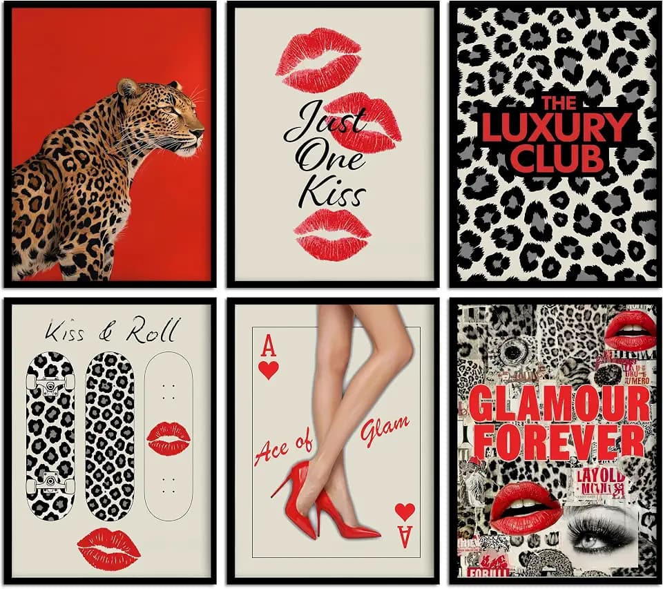 KKP 6Pcs Leopard Canvas Wall Art, Trend Cheetah Prints Posters, Red Room Aesthetic Decoration, Y2k Vintage Pictures Wall Decor for Teen Girls Bedroom Apartment Dorm 12x16 Inch Unframed