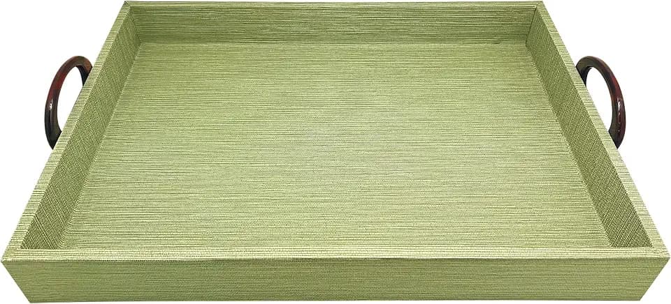 MARIPOSA Palma Faux GRASSCLOTH and Tortoise Handled Large Tray |Green | Textile | Tableware | Service Trays | Textile | Handmade in Mexico