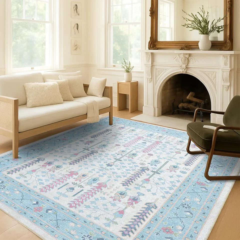 Fame Living Cream Blue Oushak Rug, Modern, Vintage, Turkish, Eclectic, Floral, Pastel, Washable, Area Rugs for Living Room, Dining, Bedroom, Nursery, Girls, Boys, 5'9"x8'9"