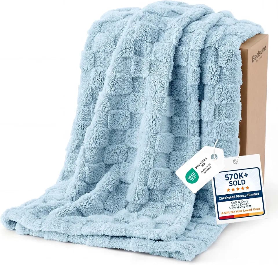 Bedsure Checkered Soft Cozy Throw Blanket for Couch, Light Blue,50"×60"