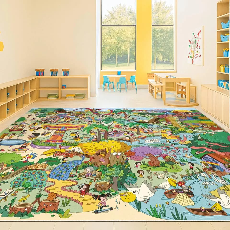 Hazo Haus Extra Large Jungle Explorer Rug 8x10 – Vibrant Cartoon Safari with Birds, Boats, Rides & Forest Scenes – Ideal for Playrooms, Classroom, Daycares, or Activity Spaces