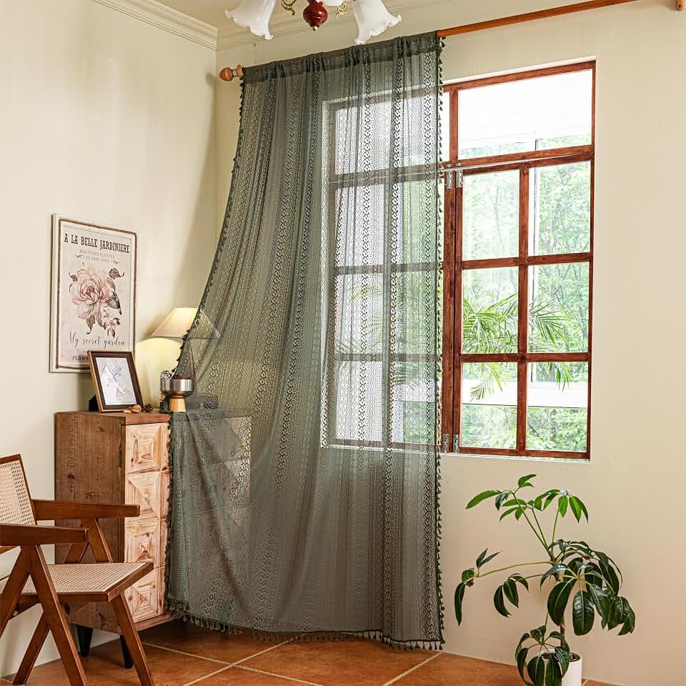 Sutuo Home Olive Green Boho Curtains 102 inches Long, Crochet Lace Sheer Bohemian Hollow Knitted Cute Tassels, Vintage Farmhouse for Bedroom Living Room Xmas Christmas Decor, 1 Panel 59" W x 102" L