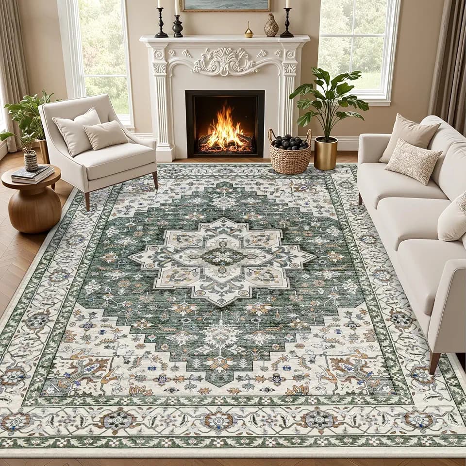 8x10 Area Rugs Living Room: Washable Rug for Bedroom Green Ivory