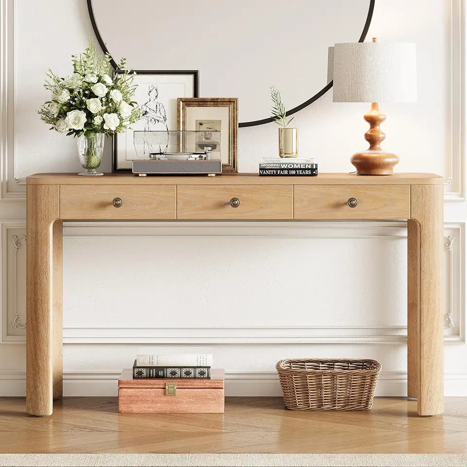 Merax 52" Console Table with 3 Drawers, Rustic Entryway Table with Curved Corners, Narrow Long Sofa Table for Living Room, Hallway, Entrance, Behind Couch, Foyer, Sturdy Thick Legs, Light Oak