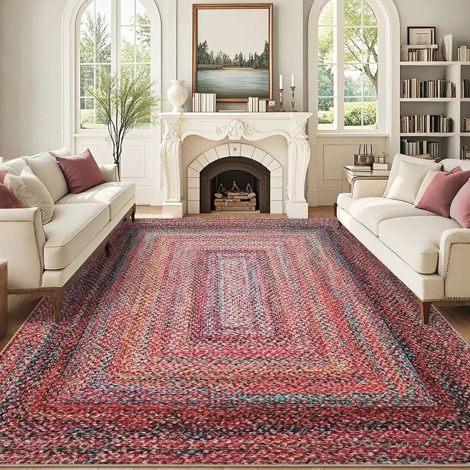 Washable Rugs 8x10 Braided Print Living Room Rug Large Modern Accent Carpet with Non-Slip Backing, Ultra-Soft Low Pile Bordered Neutral Carpet, Easy to Clean Floor Cover for Bedroom, Office, Colorful