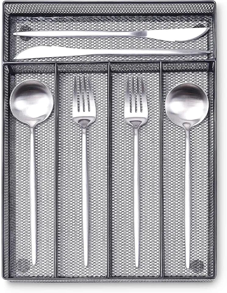WuGeShop Silverware Drawer Organizer Black, Kitchen Drawer Organizer Metal Mesh Utensil Tray Non-Slip Cutlery Tray, 5 Compartments