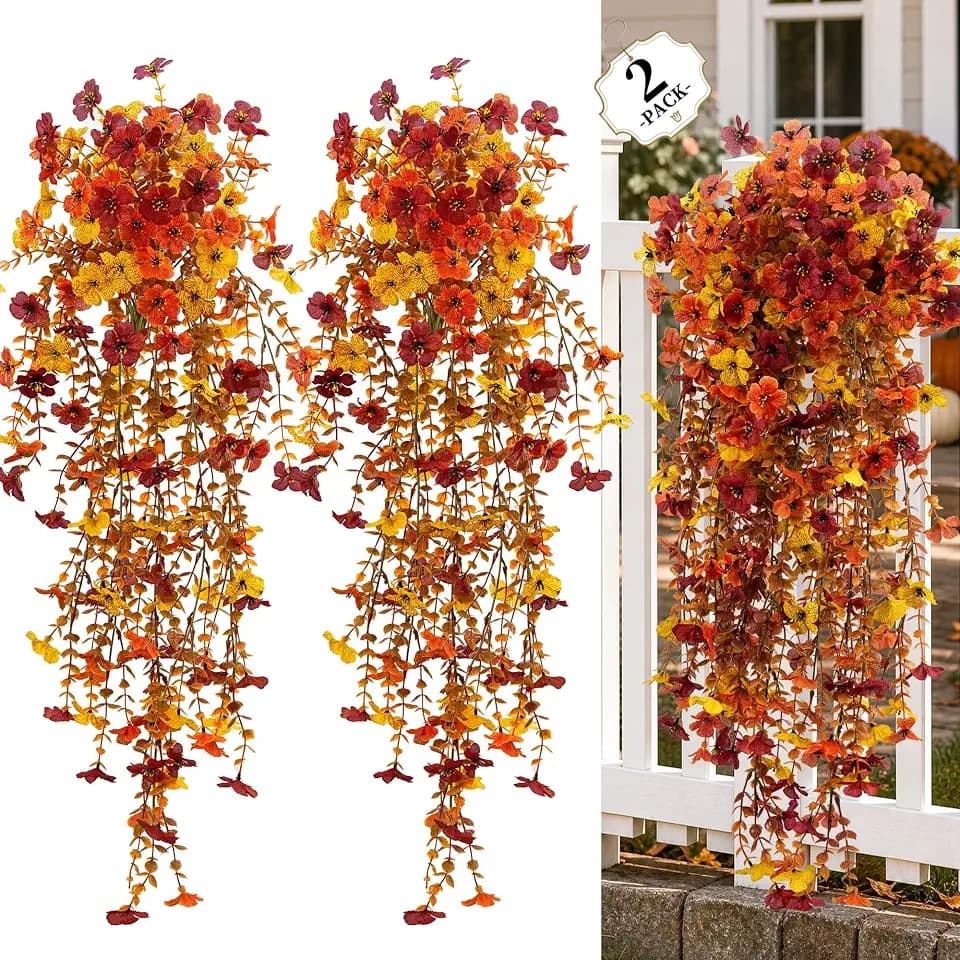 2PCS Artificial Hanging Flowers, Fake Fall Artificial Mums for Outdoors