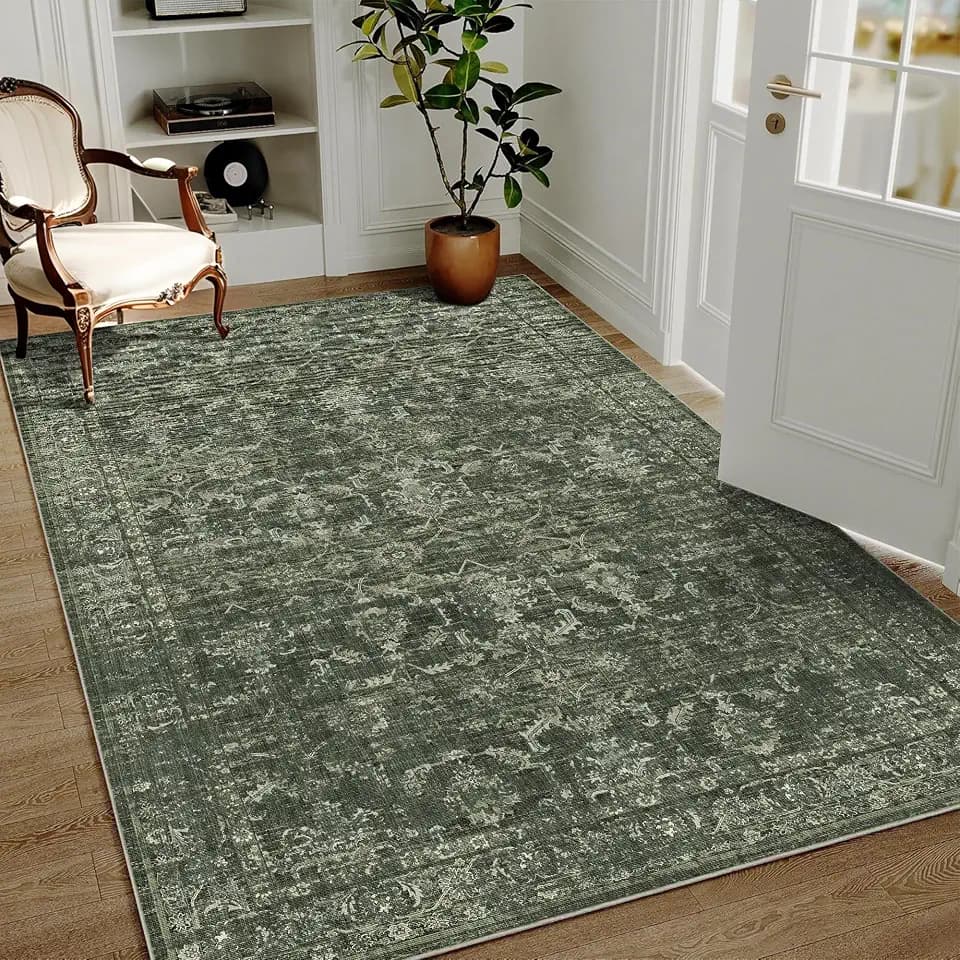 4x6 Washable Bedroom Area Rug Non-Slip Retro Dark Green Throw Carpet
