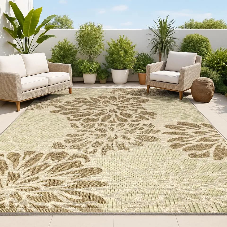 JONATHAN Y Floral Textured Weave Indoor Outdoor Area Rug 3X5 Sage/Brown, Zinnia Modern for Backyard, Patio, Porch, Easy-Cleaning, High Traffic, Pet-Friendly, Non-Shedding (SMB110A-3)