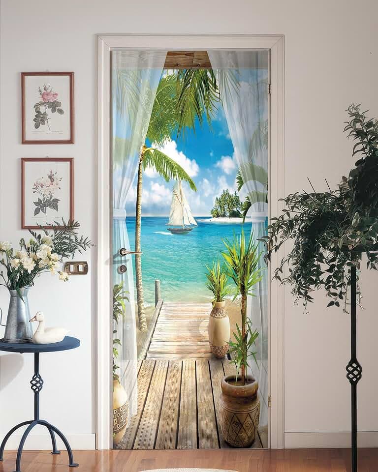 FLFK Ocean Door Mural - Peel and Stick, Removable Self-Adhesive Door Wallpaper for Home Decor, 30.3" W x 78.7" L, Split into 2 Pieces