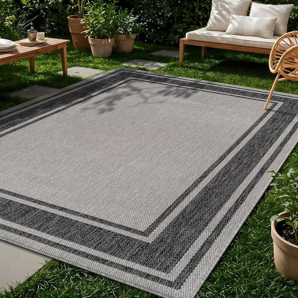 Beverly Rug Large Outdoor Rug 9x12 Modern Bordered Area Rugs for Indoor and Outdoor Patio Deck Porch Garden Waterproof Weather Sun Resistant Washable Outside Carpet (9 x 12 Silver)